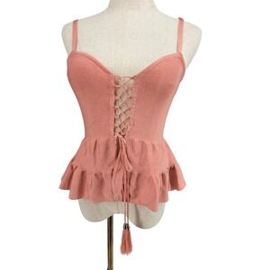 bebe Y2K Balletcore Feminine XS Soft Pink Tie Up Front Ribbed Tassel Bandage Top